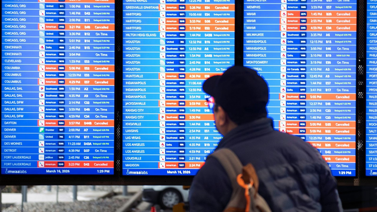 Thousands of US flights cancelled or delayed and several states under tornado watch